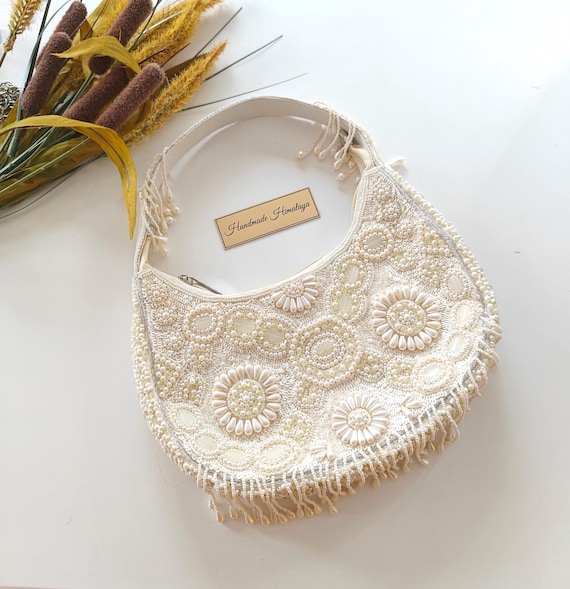 Pearl Beaded Crescent Handbag | White Floral Fringe Evening Bag | Boho Chic Bridal Design