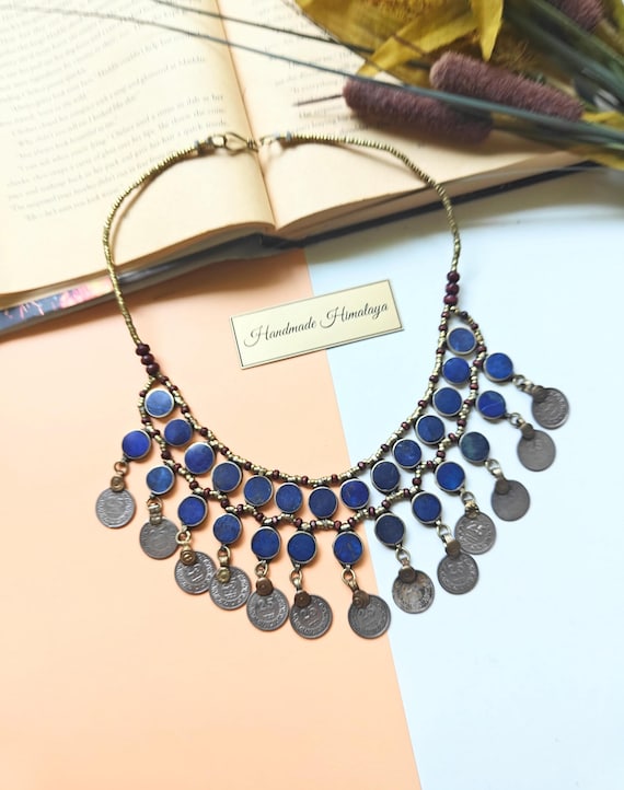 Vintage Afghan Lapis Lazuli Coin Choker: Kuchi Boho Necklace