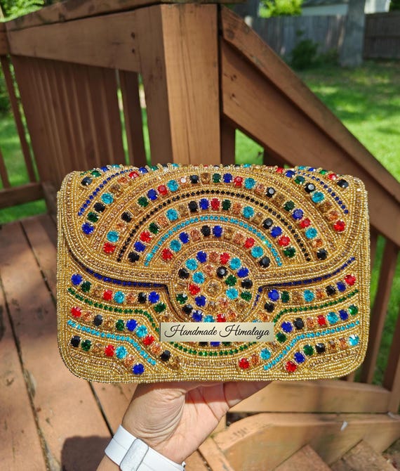 Gold Clutch, Crystal Rhinestones Beaded Purse, Crossbody Sling Handbags, Party Evening Bag, Gift for Her, Gold Wedding Clutch