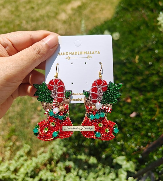 Red Beaded Stocking Earrings, Christmas Dangle Jewelry