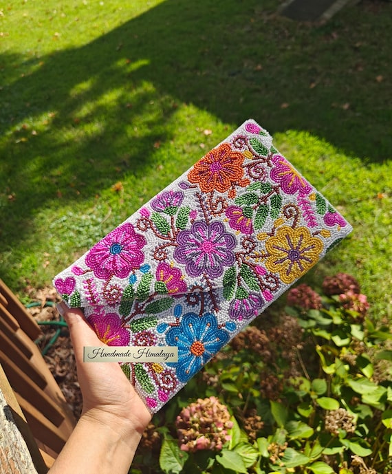 Colorful Beaded Clutch, Beaded Purse, Spring Floral Purse, Flower Bead Bag, Crossbody Bag, Prom Purse, Evening Bag, Gift for Her, Summer Bag