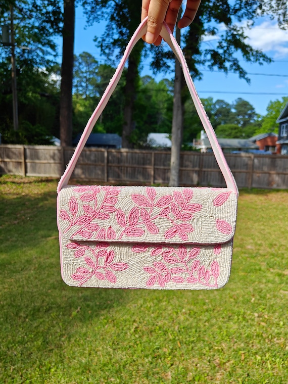 Pink Beaded Bag, Beaded Shoulder Bag, Top Handle Summer Handbags, Leaf Fern Pattern Embroidery, Gift for Her, Party Evening Accessories