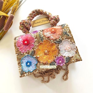 Bronze Floral Bridal Bag | Colorful Beaded Suede Wedding Evening Purse