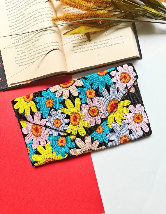 Bloom with Confidence: Black Beaded Clutch Purse with Vibrant Floral Design