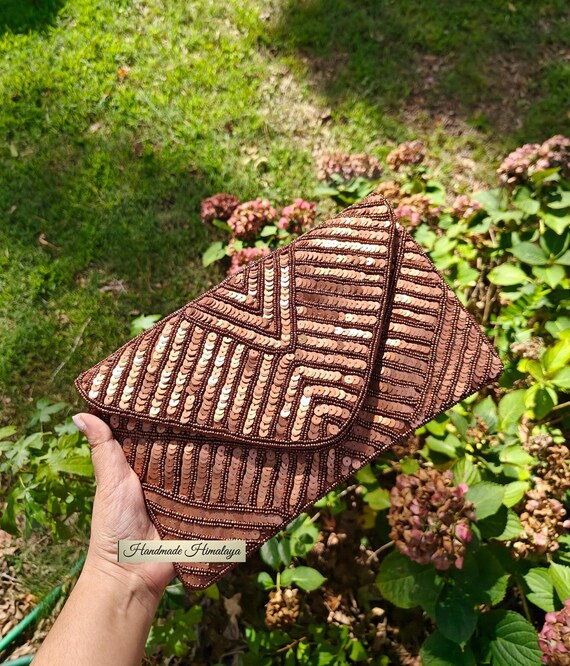 Bronze Copper Beaded Clutch: Sequin Evening Purse with Crossbody Chain for Evening Parties