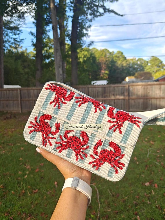 Red Crab Beaded Bag | Blue Striped Coastal Purse | Beach Party Nautical Wedding Shoulder Handbag