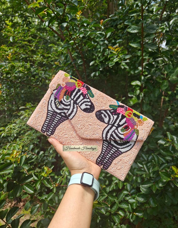 Zebra Beaded Clutch | Pink Safari Animal Evening Purse | Handmade Statement Bag