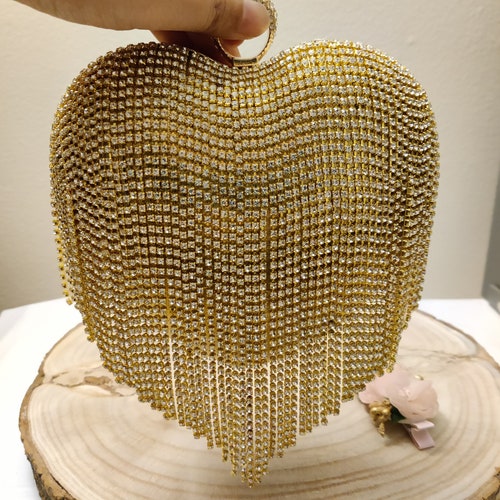 Golden Clutch Purse, Golden orders Party Clutch, Party Clutch Purse, Rhinestones Beaded Purse, Heart Shaped Clutch Purse, Golden Heart Purse
