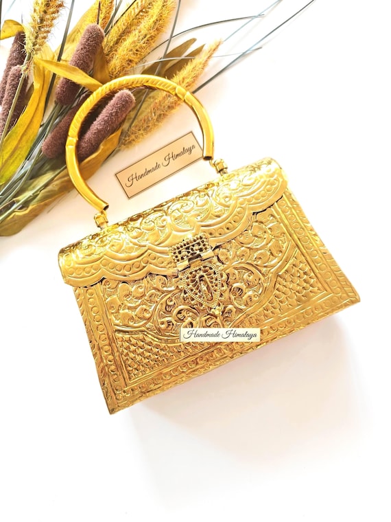 Engraved Gold Clutch Bag |  Floral Embossed Brass Box Purse |  Wedding Bridal Party Metal Handbag