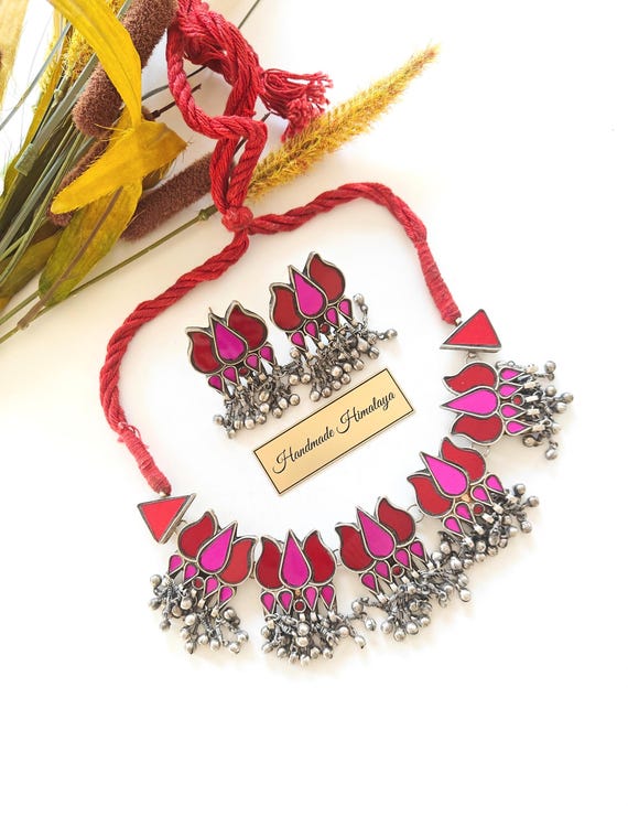 Hot Pink Glass Tribal Choker | Lotus Afghan Kuchi Necklace Earrings | Boho Indian Festival Jewelry