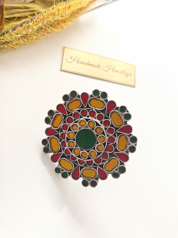 Afghan Mirror Ring | Tribal Brass Finger Jewelry | Ethnic Red Green Glass Band for Festivals
