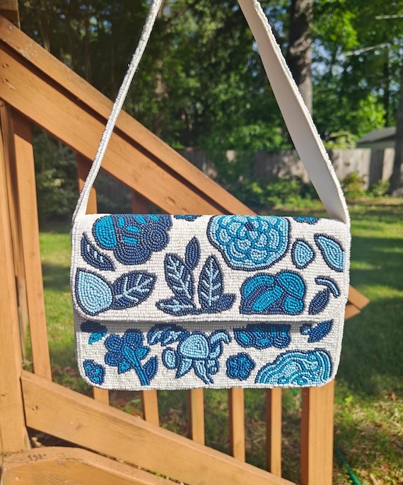 Blue Beaded Bag, Beaded Shoulder Bag, Bridal Bag, Mini Wedding Purse, Blue Rose Bag, Beaded Purse, Flower Bag, Blue White Bag, Summer Bag