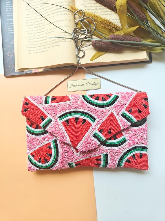 Luxury Watermelon Beaded Purse, Summer Fruit Clutch, Evening Handbag, Party Gift for Her, Red Pink Beaded Bag, Watermelon Purse