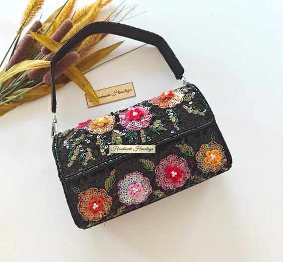 Black Floral Sequin Beaded Bag | Boho Embroidered Evening Purse | Colorful Flower Wedding Party Clutch