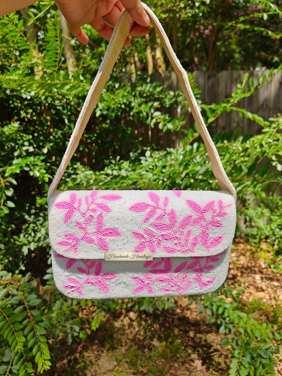 Beaded Shoulder Bag, Pink White Beaded Bag, Leaves Purse, Beaded Purse, Wedding Bag, Bridal Pink Bag, Shoulder Bags, Bridesmaid Gift