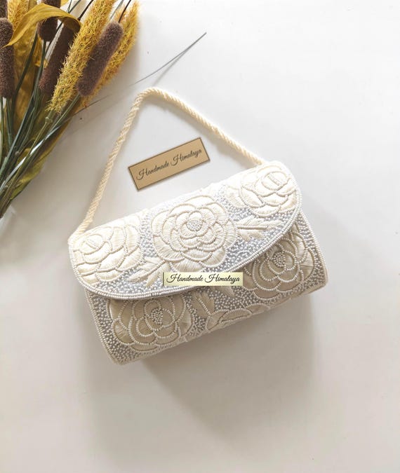 Ivory Floral Bridal Clutch | Embroidered Wedding Evening Bag