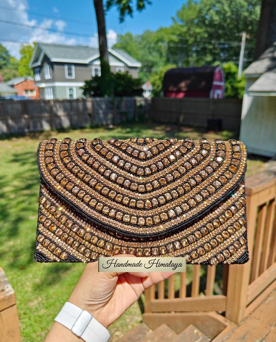 Black Gold Purse, Black Evening Clutch, Black Rhinestone Purse, Beaded Purse, Crossbody Bag, Beaded Bag with Handle, Wedding Formal Purse