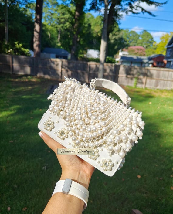 Wedding Bridal White Pearl Beaded Handbag with Top Handle and Fringe Beads