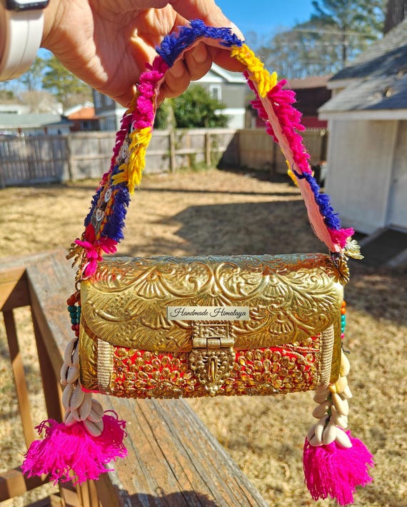 Gold Brass Clutch, Floral Engraved Brass Bag Kuchi Banjara Vintage Metal Crossbody Indian Purses