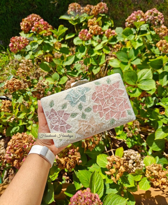 Floral Beaded Clutch: Hand-Embroidered Bridal Evening Bag