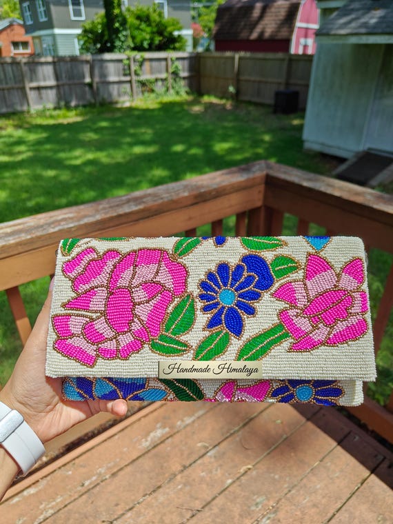 Colorful Beaded Clutch, Pink Flower Purse, Crossbody Bag, Party Evening Clutch, Spring Wedding Purse, Floral Handbag, Beaded Purse, Gift