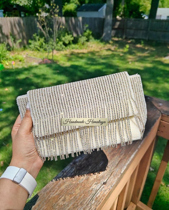 White Bride Purse, Wedding Clutch, Crossbody Bag, Beaded Purse, Silver White Bag, Sparkly Evening Clutch, Party Purse, Rhinestone Fringe Bag