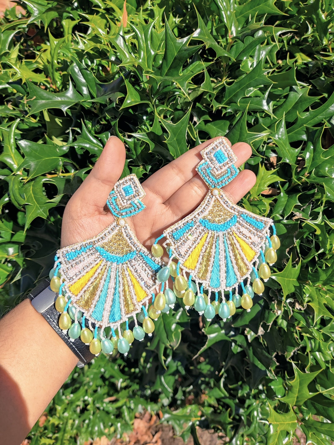 Yellow Beaded Earrings, Boho Earrings, Flower Beaded Earrings, Beaded