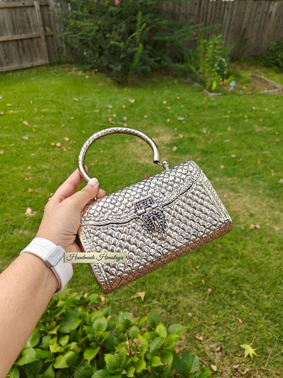 Silver Brass Clutch: Indian Wedding Metal Handbag with Handle and Engraved Design