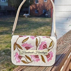 White Beaded Bridal Clutch | Pink Floral Ivory Spring Wedding Purse