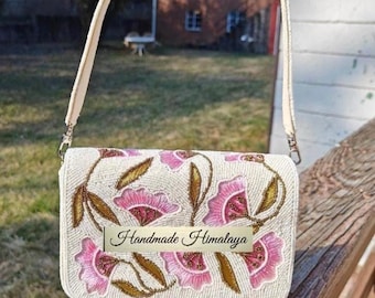 Pink Floral Beaded Bridal Purse | Ivory White Wedding Evening Bag