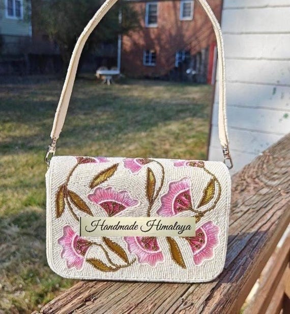 White Beaded Bridal Clutch | Pink Floral Ivory Spring Wedding Purse