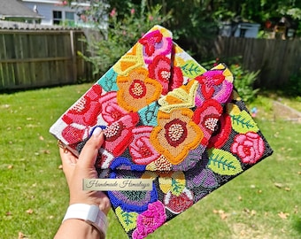 Floral Beaded Clutch | Colorful Flowers Embroidered Evening Bag