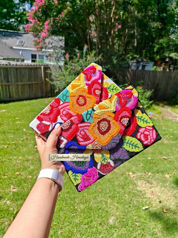 Floral Beaded Clutch | Colorful Spring Fiesta Party Purse | Wedding Evening Bag with Sling