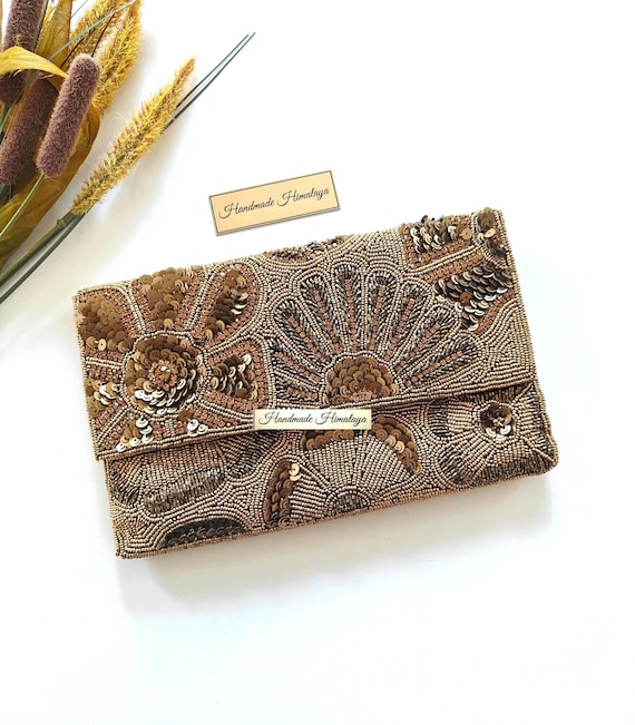 Antique Gold Beaded Clutch | Sequin Bridal Purse | Floral Wedding Evening Bag