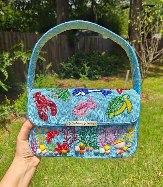 Blue Beaded Bag, Ocean Marine Shoulder Purse, Blue Bag, Summer Handbag, Coastal Beaded Purse, Lobster Turtle Fish Bag, Beach Wedding Bag