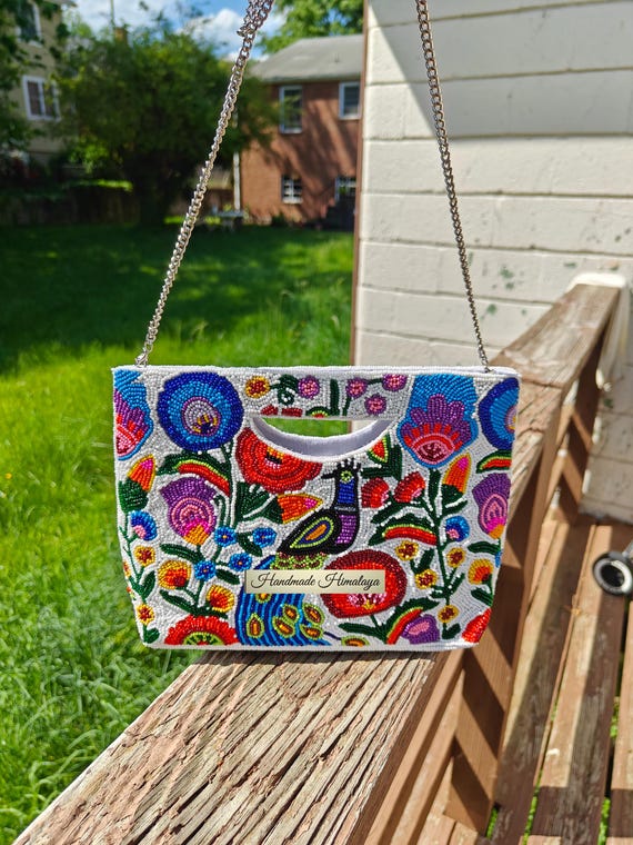 Handmade Beaded Clutch: Peacock Embroidery Floral Bag