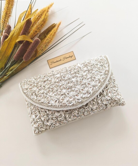 White Bridal Beaded Clutch, Wedding Purse for Bride, Handmade Crystal Evening Bag, Bridal Shower Bag