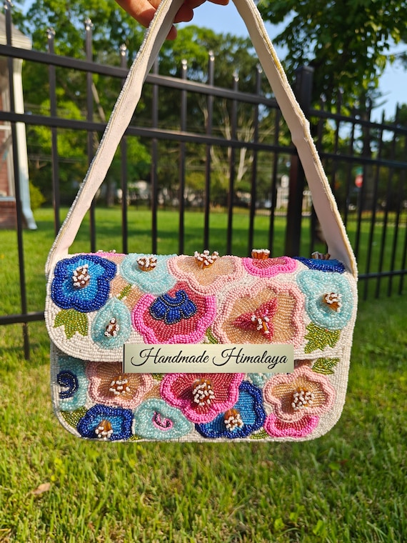 Beaded Shoulder Bag, Floral Beaded Bag, Colorful Flower Purse, Boho Seed Bead Handbag, Embroidered Spring Clutch, Gift for Her, Wedding Bag
