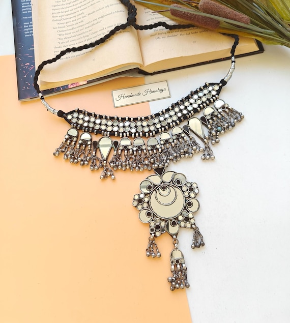 Vintage Afghan Mirror Choker | Tribal Kuchi Sheesha Necklace |  Boho Banjara Jewelry for Festivals and Weddings