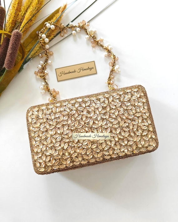 Gold Crystal Rhinestone Box Clutch, Bridal Wedding Evening Bag