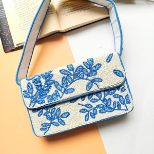 Perlen Umhängetasche, blaue Perlentasche, blaue Blätter Tasche, Schultertasche, Geschenk, Dupe Bag, Party-Abendtasche, Perlenbrauttasche, Himalaya