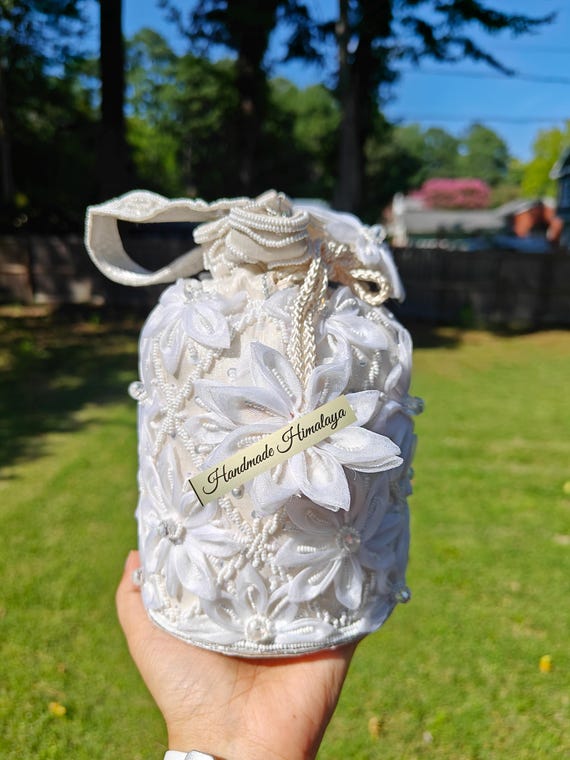Handmade 3D Floral Embroidery Bridal Potli Bag: Beaded Handle Wedding Purse Drawstring Pouch
