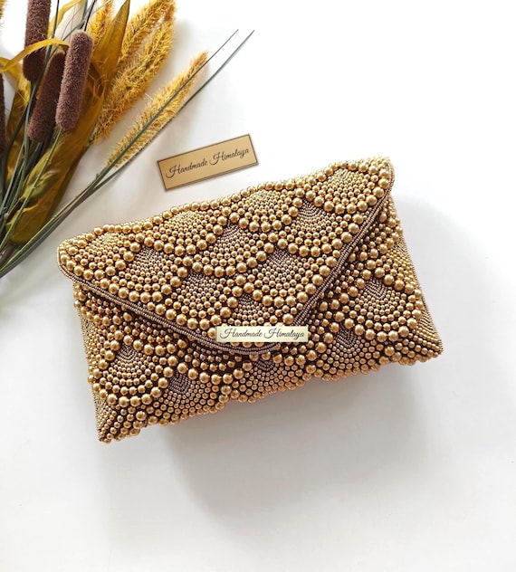 Antique Gold Pearl Beaded Clutch | Wedding Evening Formal Purse