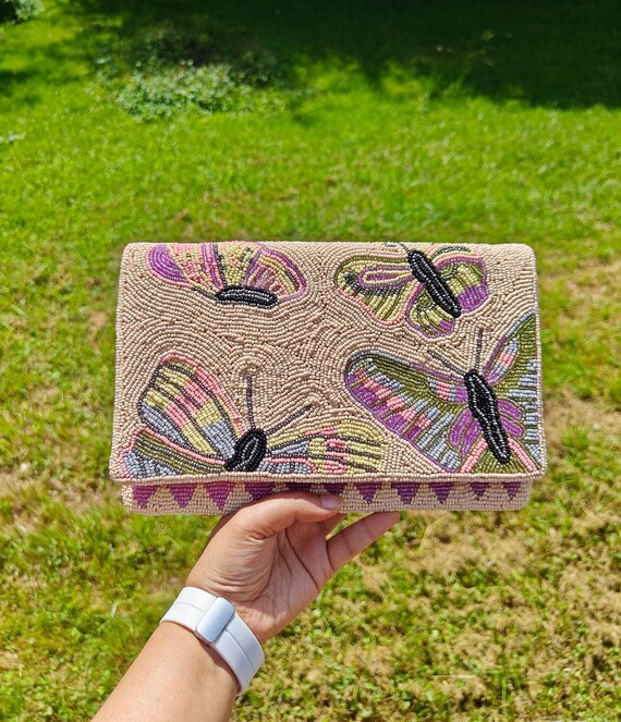 Butterfly Beaded Clutch, SeedBead Crossbody Bag, Summer Bag, Pink Beaded Clutch, Evening Clutch, Beaded Purse, Gift for Her, Cute Clutch