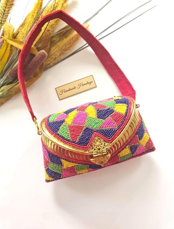 Colorful Beaded Brass Purse | Vibrant Metal Box Bag | Festive Party Wedding Handbag