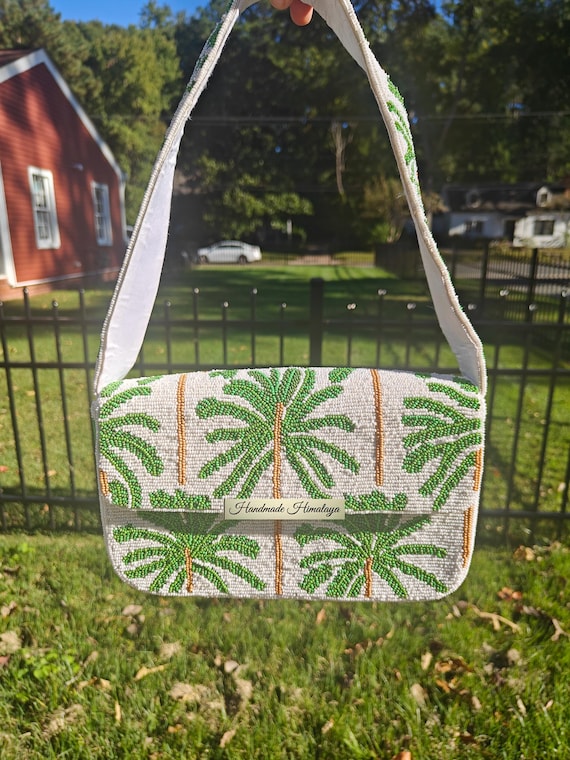 Green Palm Tree Beaded Bag | White Tropical Shoulder Purse