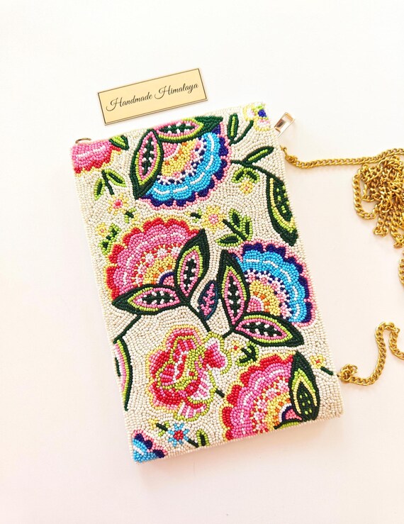 Beaded Floral Phone Bag |  Boho Flower Cellphone Pouch  | Pink Blue Embroidered Festival Crossbody Purse