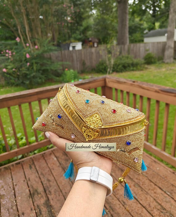 Gold Clutch, Brass Clutch with Beads, Gold Brass Purse, Wedding Clutch, Indian Purse, Gift for Wife, Evening Party Purse, Gold Bags Beaded