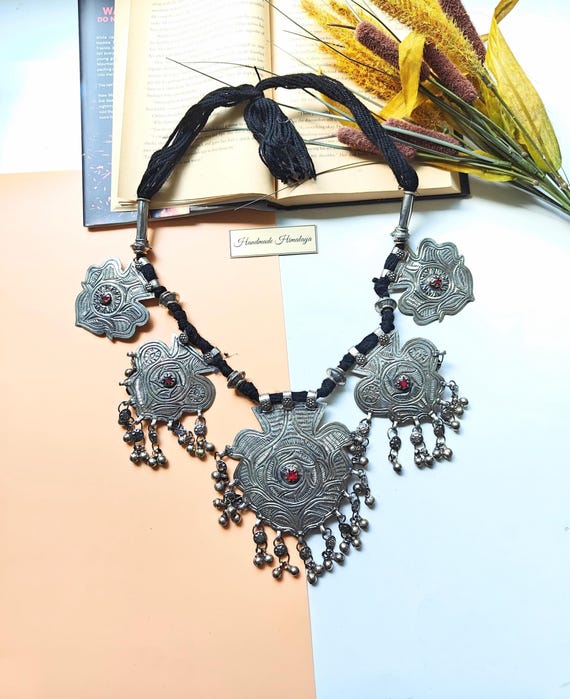Vintage Afghan Silver Tribal Necklace Kuchi Choker with Large Metal Pendants and Dangles