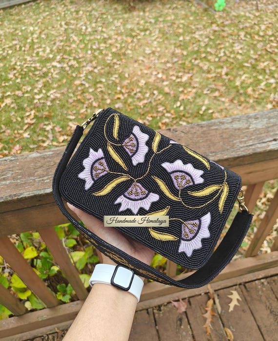 Black Beaded Bag, Wedding Bridal Purple Cherry Flower Purse, Party Evening Handbag
